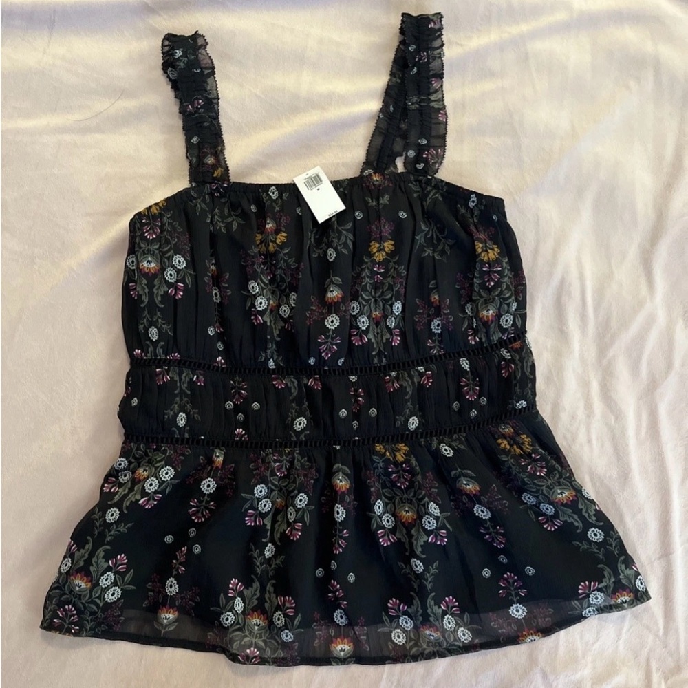 Old Navy Black Floral Ruffled Strap Tank Top